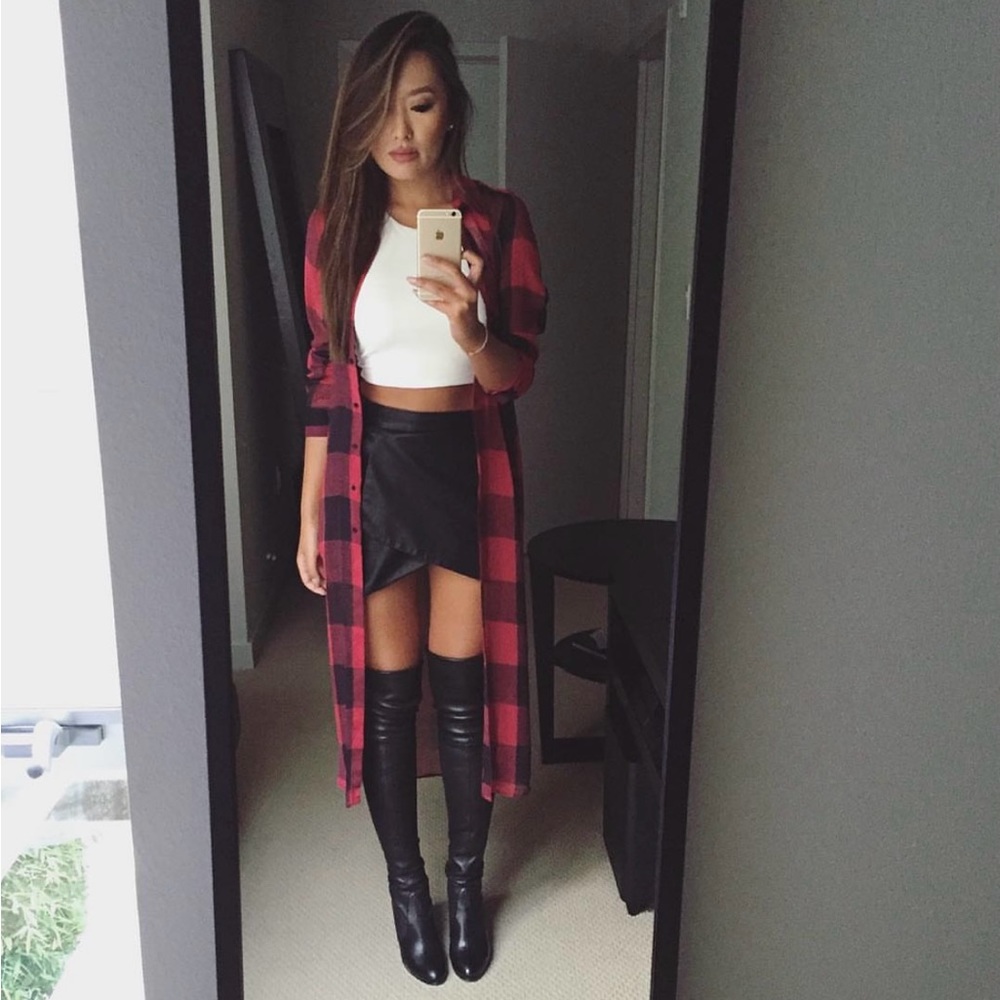 Zara Long Red Black Sheer Plaid Flannel Button Up